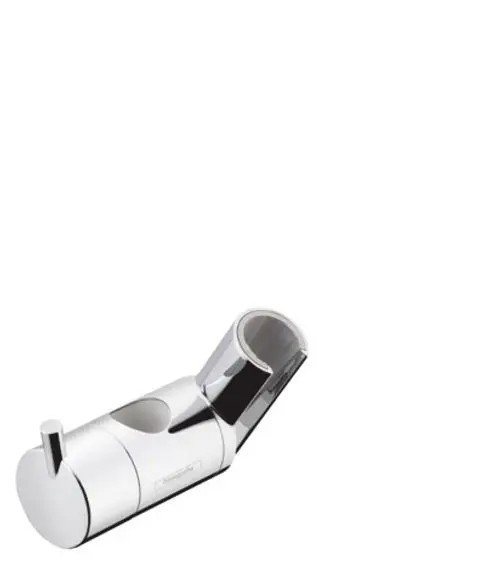 Chromfarbener Brausehalter mit seitlichem Griff, typischerweise für eine Hansgrohe-Brausenstange konzipiert. Das Design ist funktional und sorgt für Stabilität.